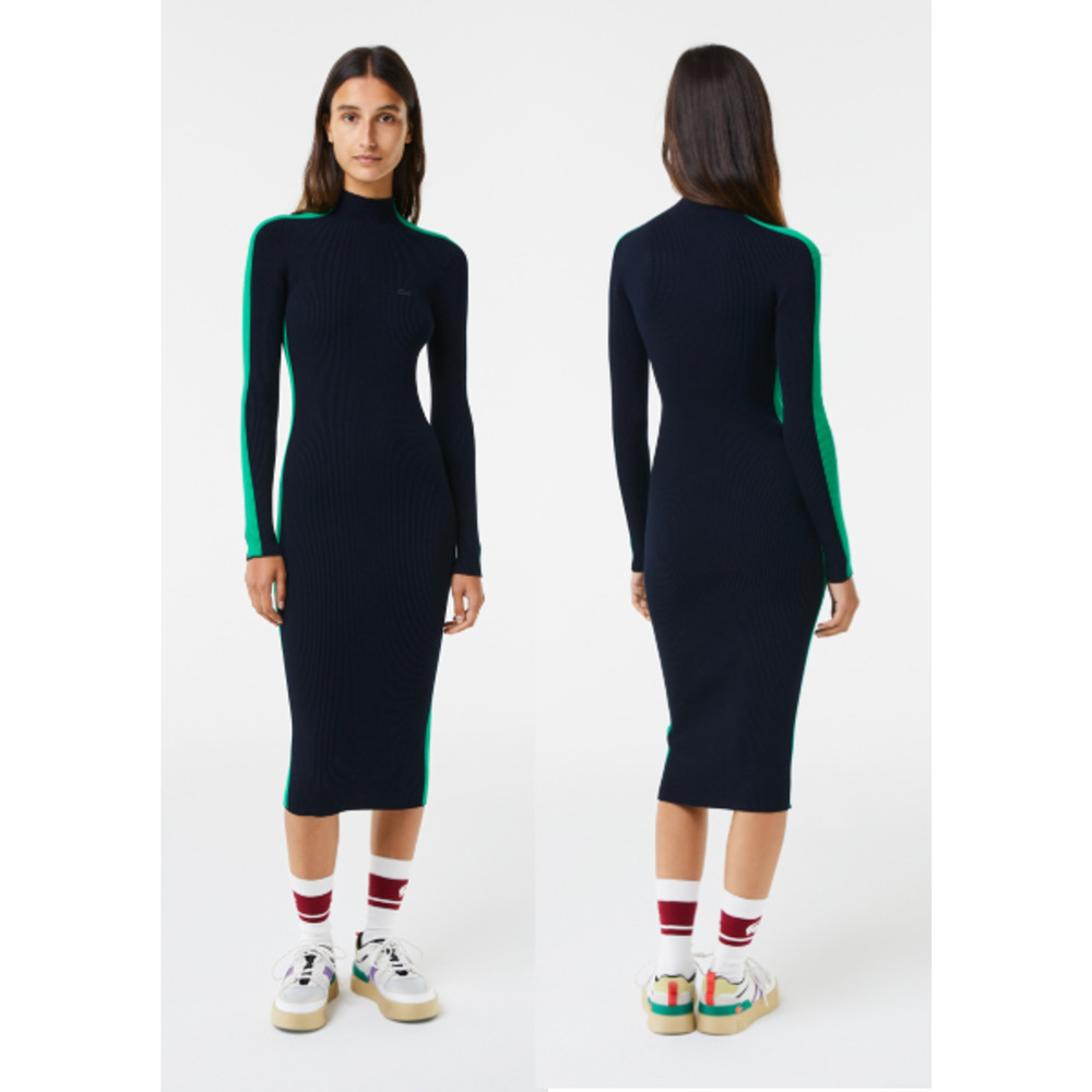 Lacoste Contrast Band Seamless Ribbed Knit Bodycon Sweater Dress Blue Green 2
